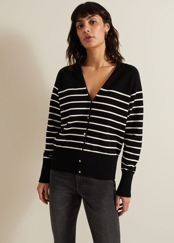 Phase Eight Nina V Neck Stripe Knitwear Black/White USA | 8056421-PC